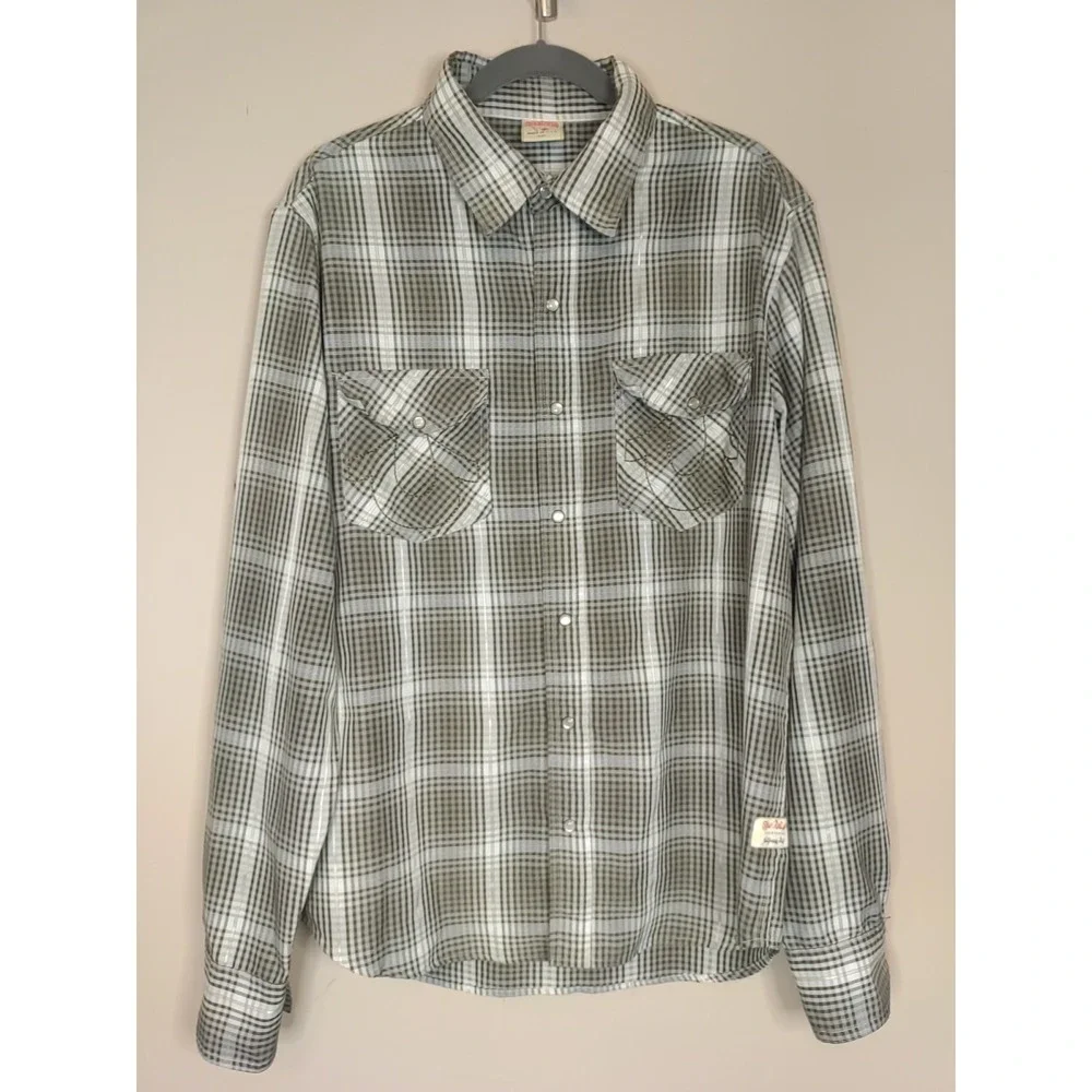 True Religion Moss Green Check Embroidery Pearl Snap Long‎ sleeve Shirt Size XXL